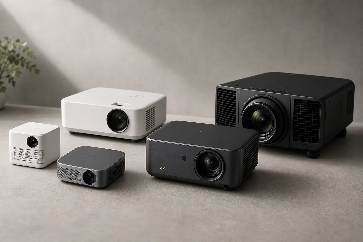 Five digital projectors arranged on concrete surface representing different sizes and types