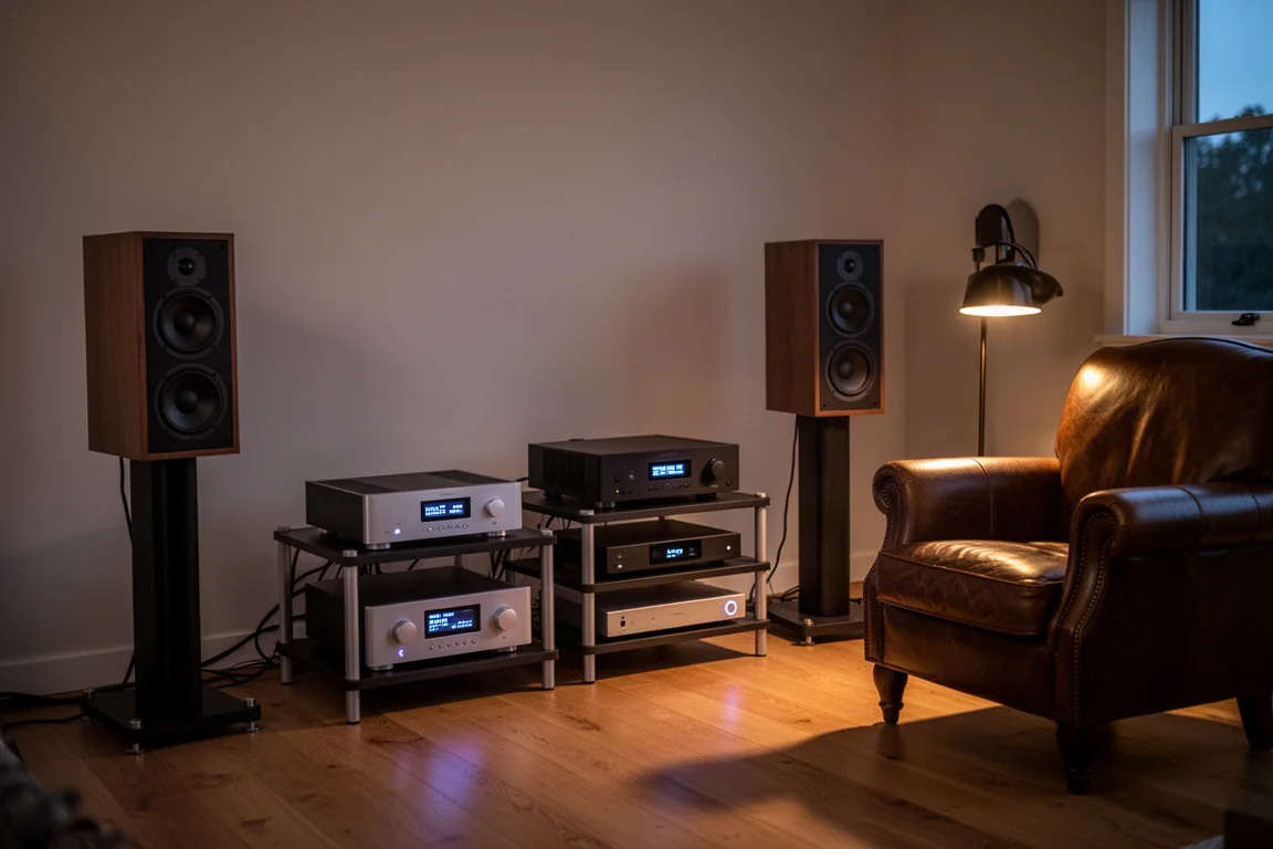 Hi-fi-lyssningsrum i skymningen med glödande källkomponenter och högtalare