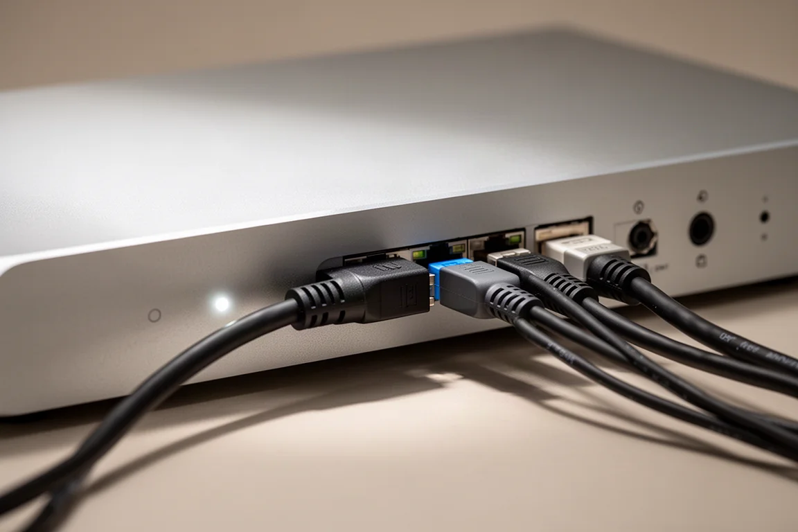 Nätverkskabel instoppad i baksidan på en slimmad streamer-transport i aluminium