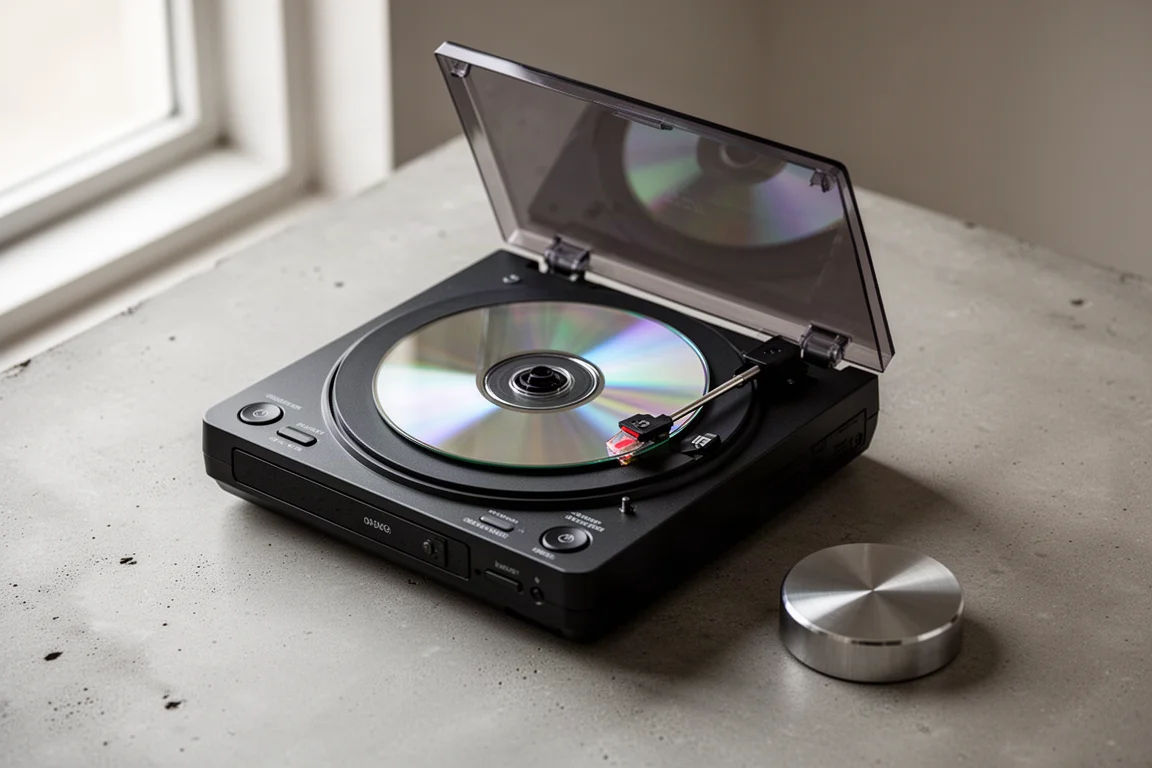 CD-spelare med toppmatning, lock öppet och en CD-skiva på spindeln