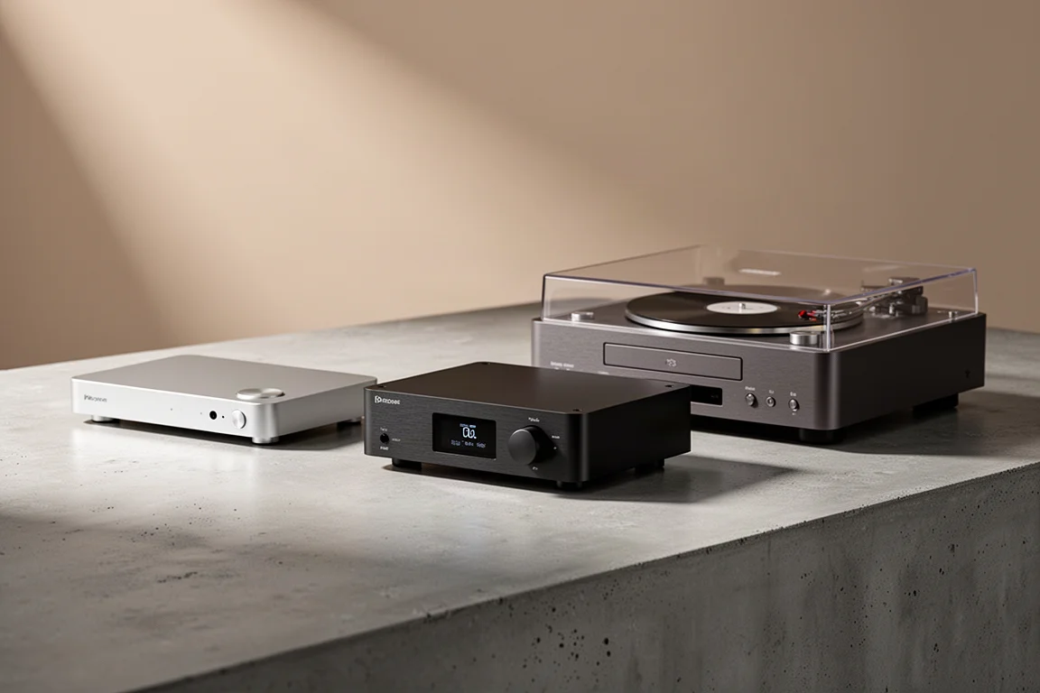 High-end streaming transport, desktop DAC, and CD player arranged on a concrete surface