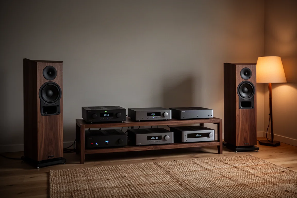 Svagt belyst lyssningsrum med golvhögtalare och ett rack med hi-fi-separat