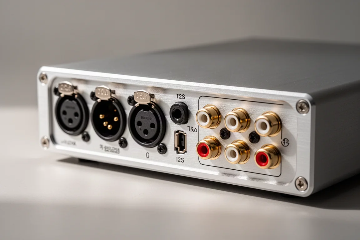 Närbild på fräst aluminiumpanel med XLR- och RCA-kontakter