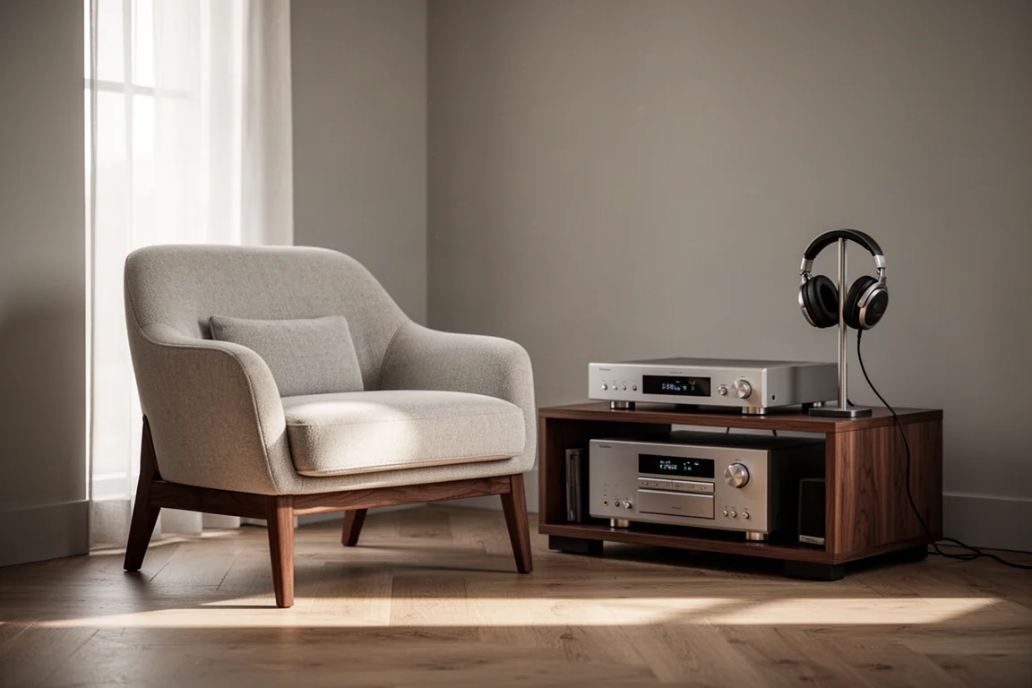 Lyssningsfåtölj bredvid ett hi-fi-rack i eftermiddagsljus från fönstret