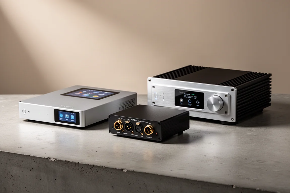 Group of high-end digital audio streamers and DACs arranged on a concrete surface