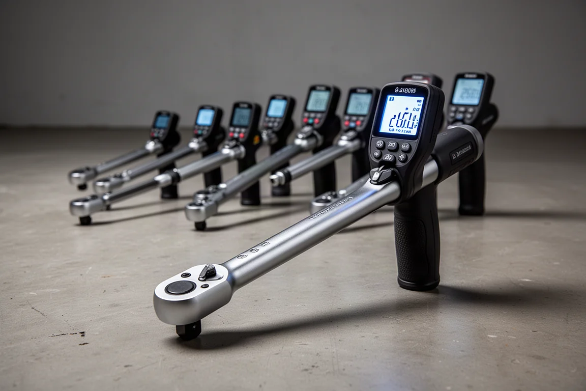 Row of digital torque wrenches with LCD handles on a workshop floor
