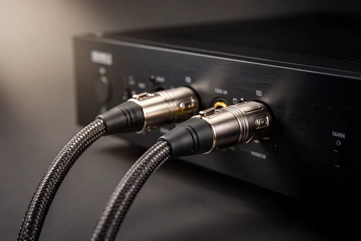 Zbalansowane kable XLR wpięte do tylnego panelu czarnego urządzenia audio