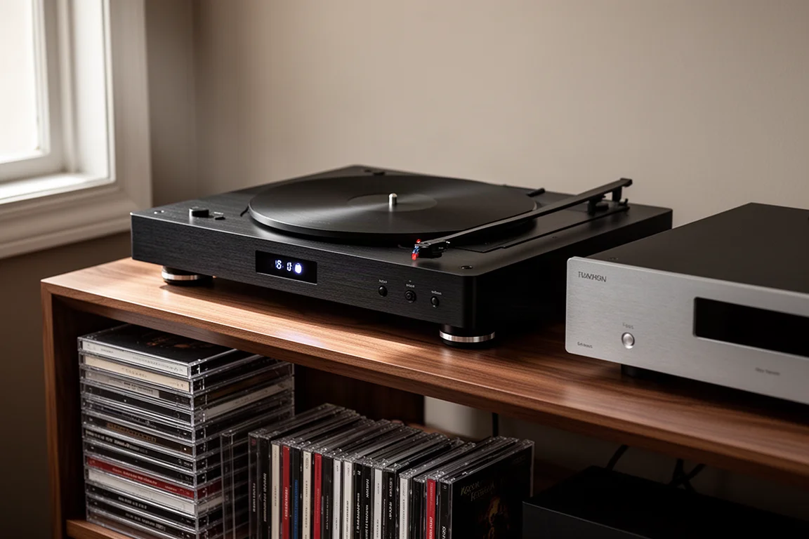 Black disc player on a walnut hi-fi shelf beside a stack of compact discs and a slim amplifier