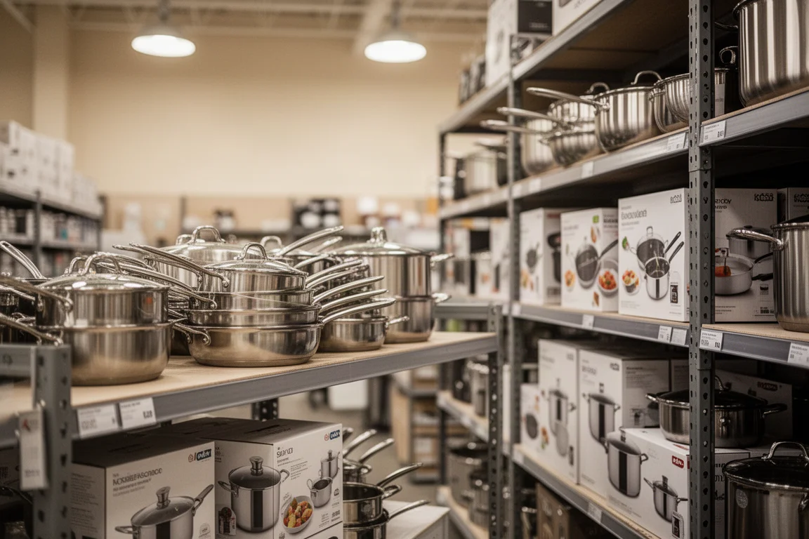 Interior of an off-price retail store with stacked cookware on shelves