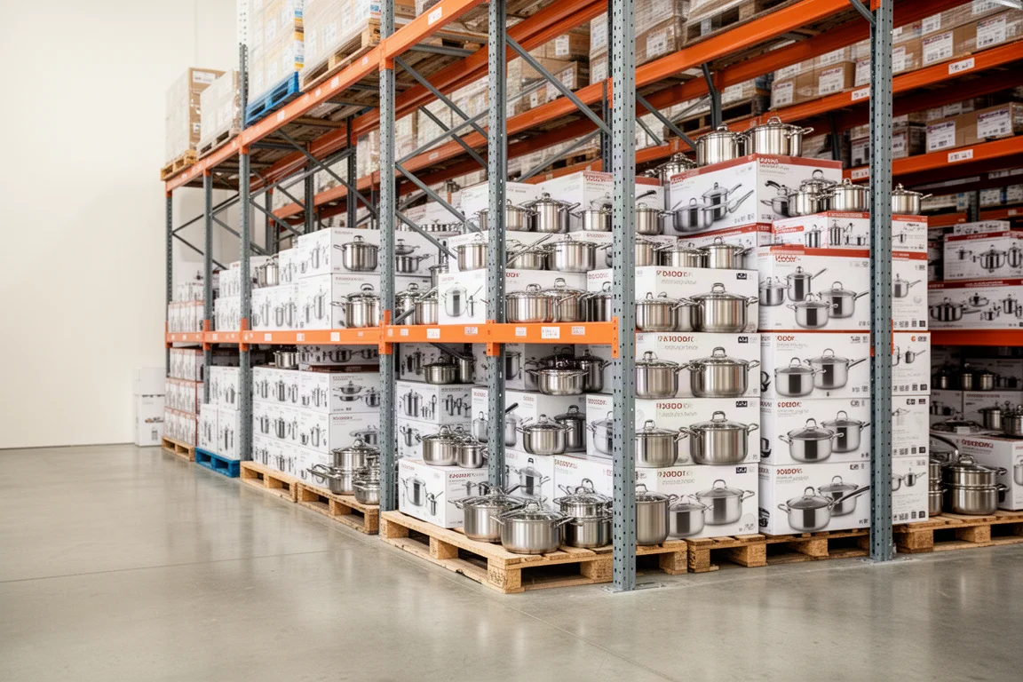 Large warehouse club store shelves with cookware boxes