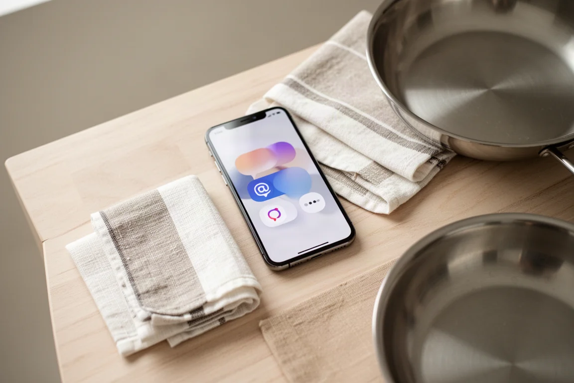 Overhead flat lay of a smartphone showing price alert notifications beside a stainless steel pan