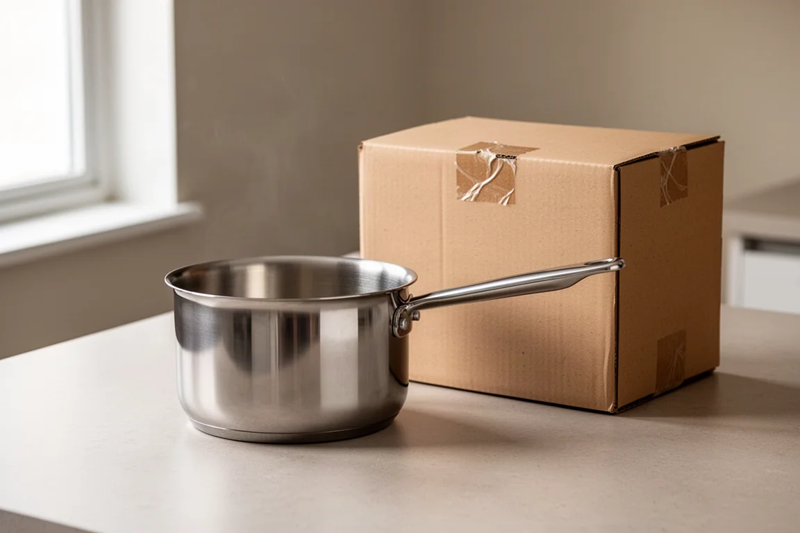 New stainless steel pot in slightly worn packaging on a kitchen counter