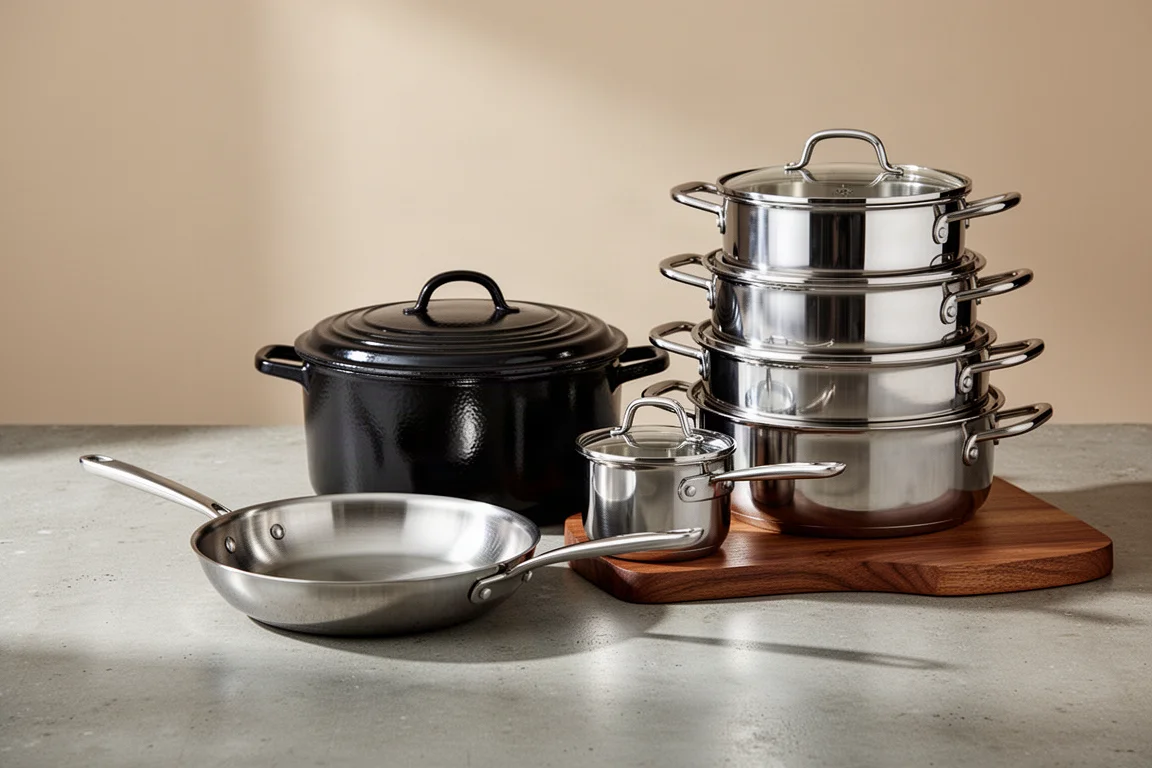 Assortment of premium stainless steel cookware and a Dutch oven on a concrete surface