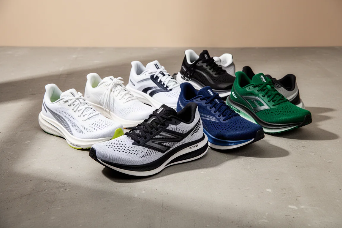 Collection of road running shoes arranged on a concrete surface