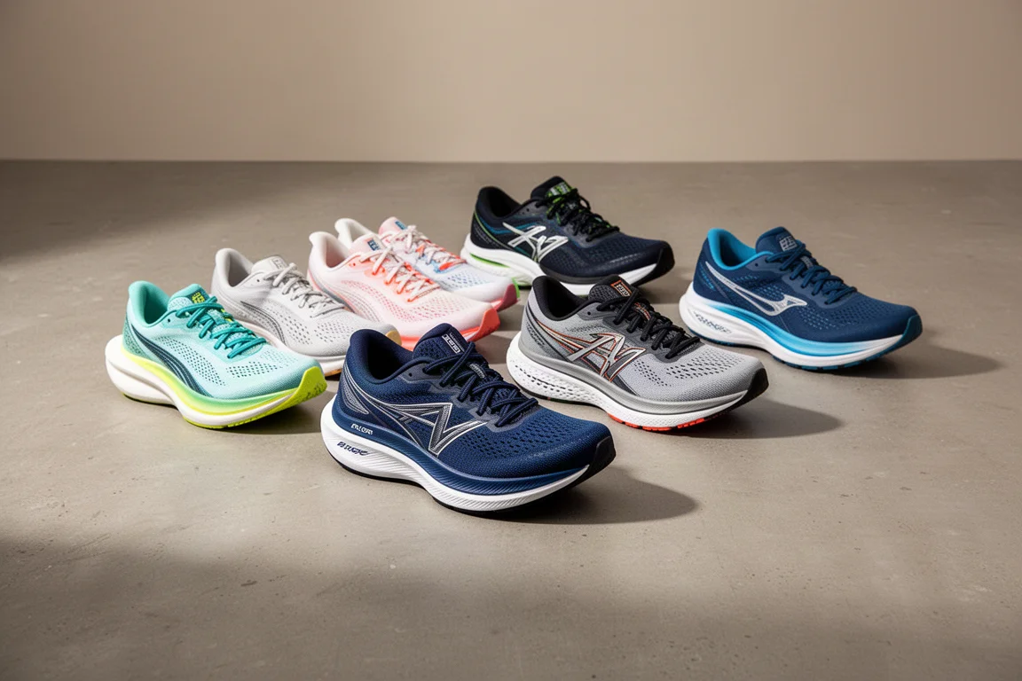 Raccolta di scarpe da running disposte su un pavimento di cemento
