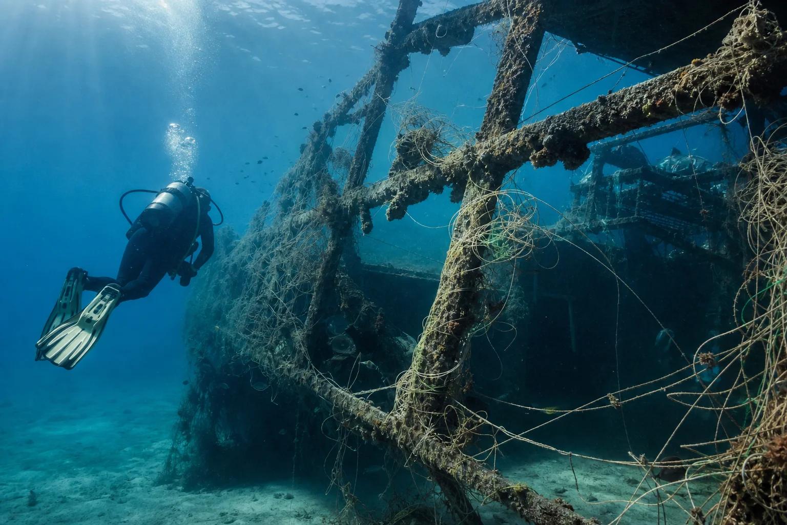 Diver underwater near wreck with fishing line entanglement