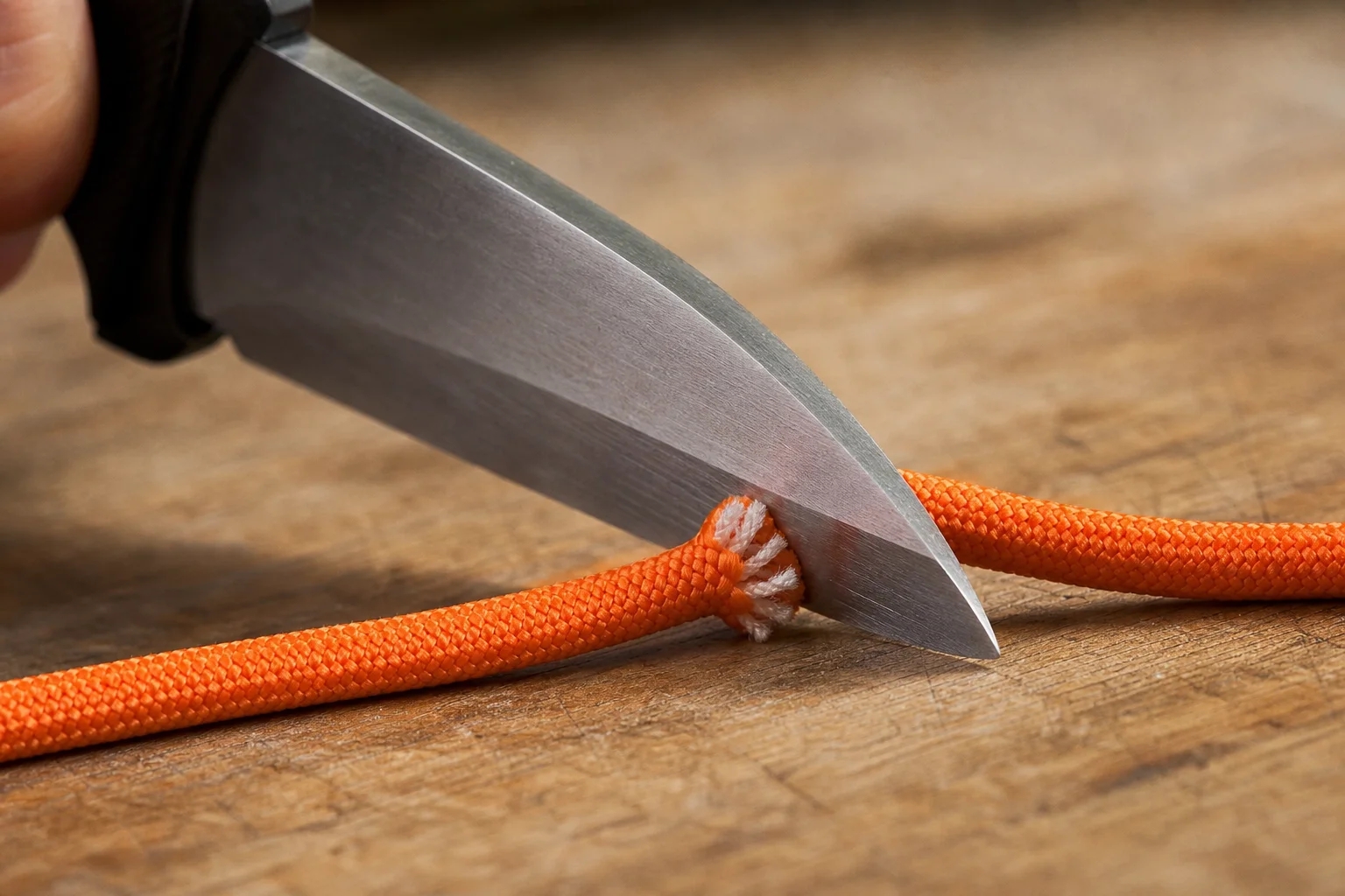Knife blade cutting through orange paracord on workbench