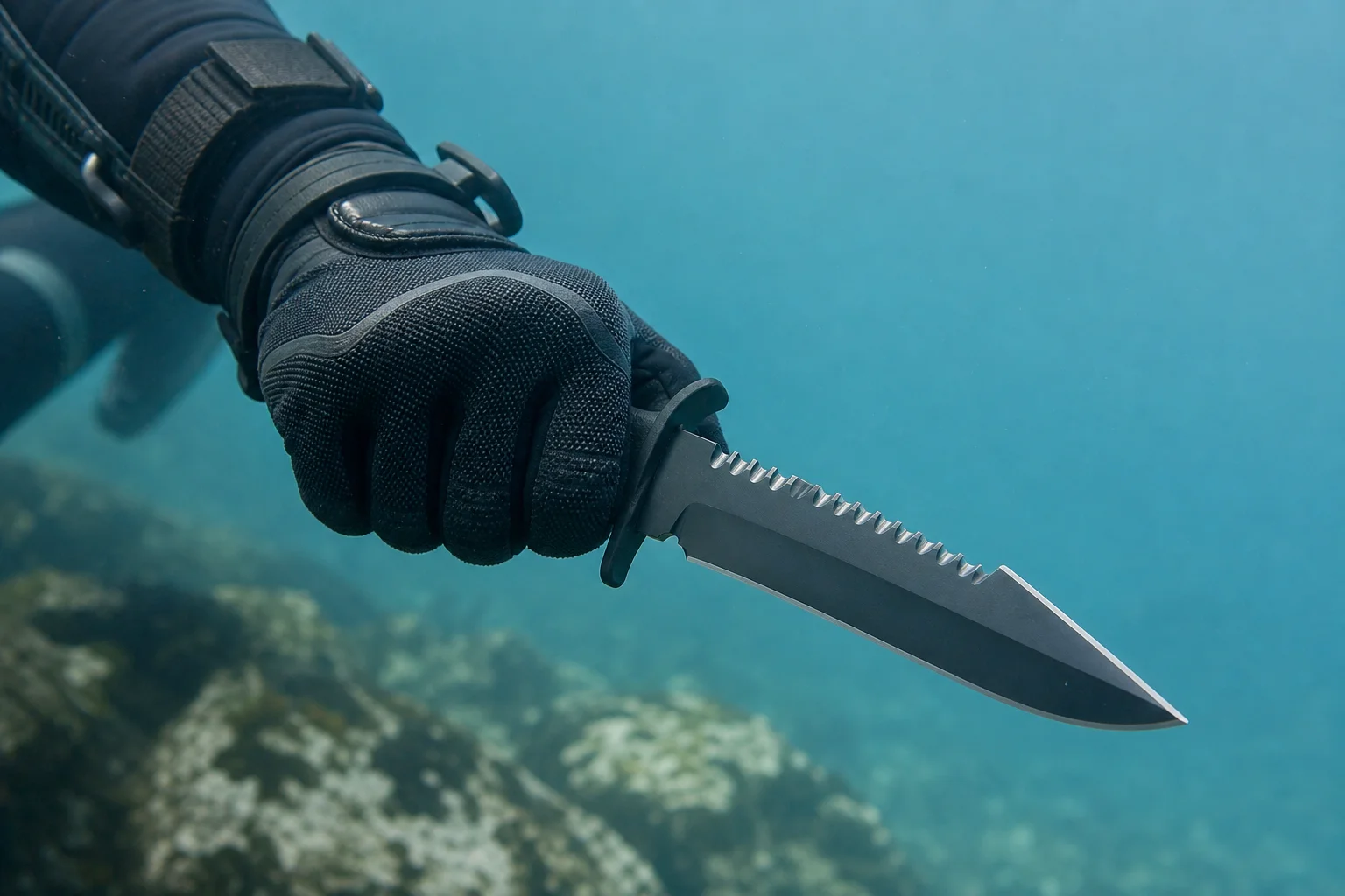 Diver's gloved hand holding fixed-blade knife underwater