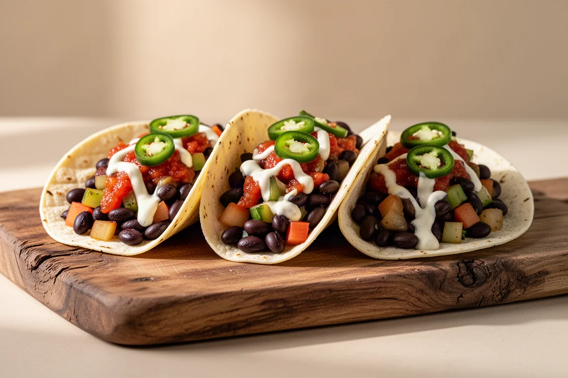 Assembled tacos with beans, vegetables and sauces on a wooden serving board