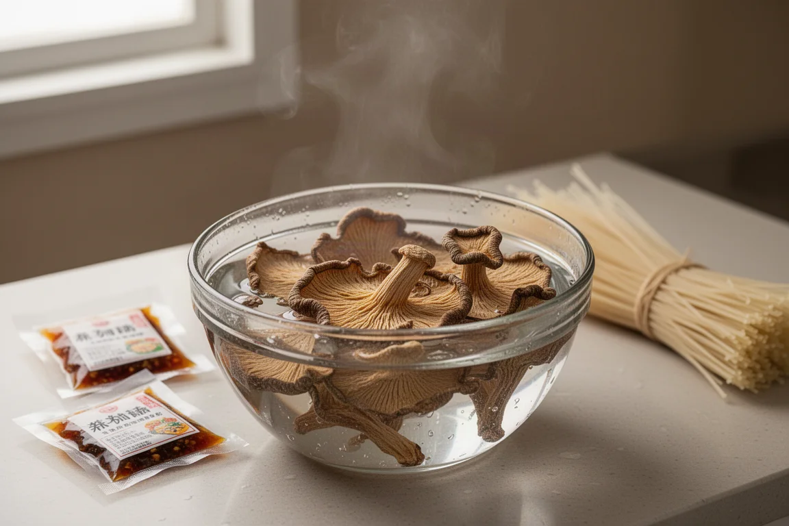 Dehydrated mushrooms soaking in a bowl of hot water on a kitchen counter