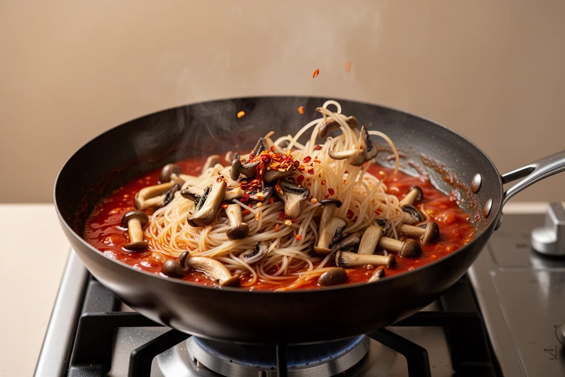 Wok of spicy noodles being tossed with mushrooms and red chilli sauce