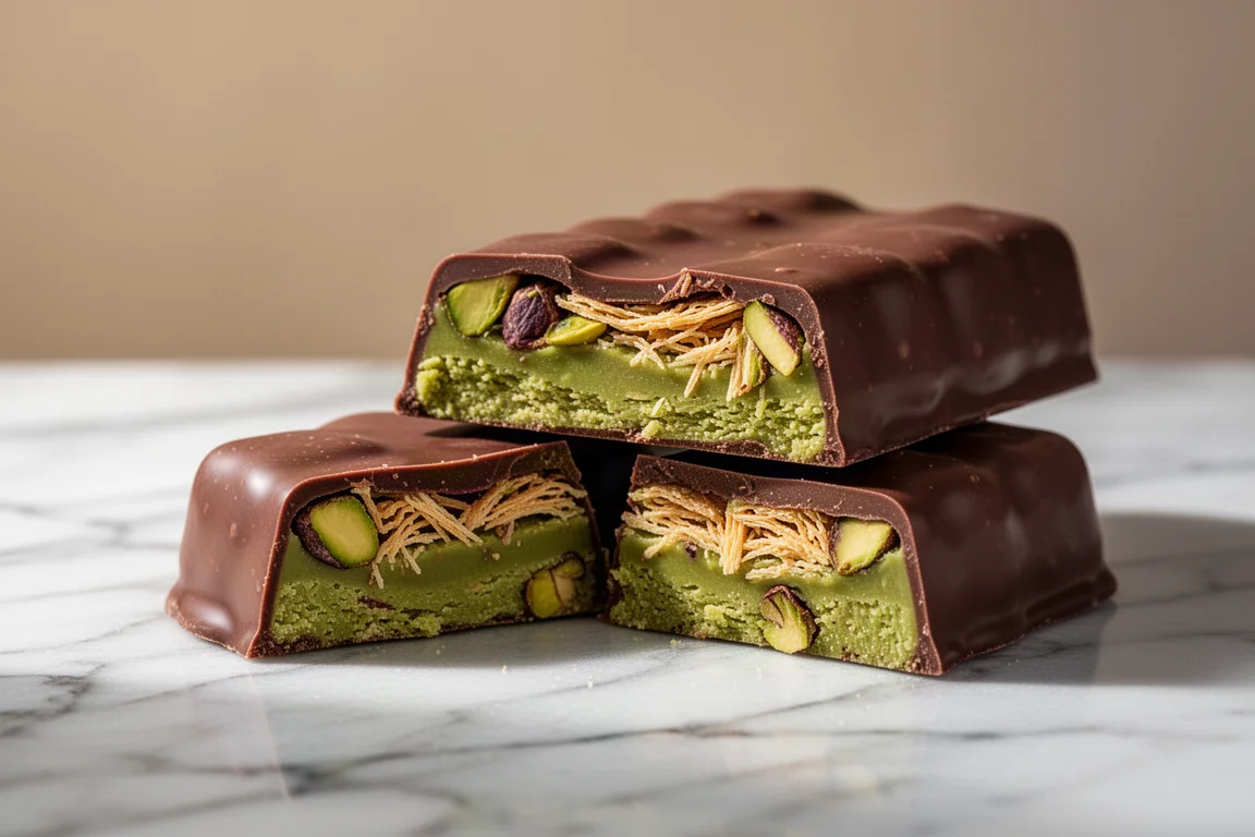 Homemade chocolate bar broken in half revealing pistachio kataifi filling