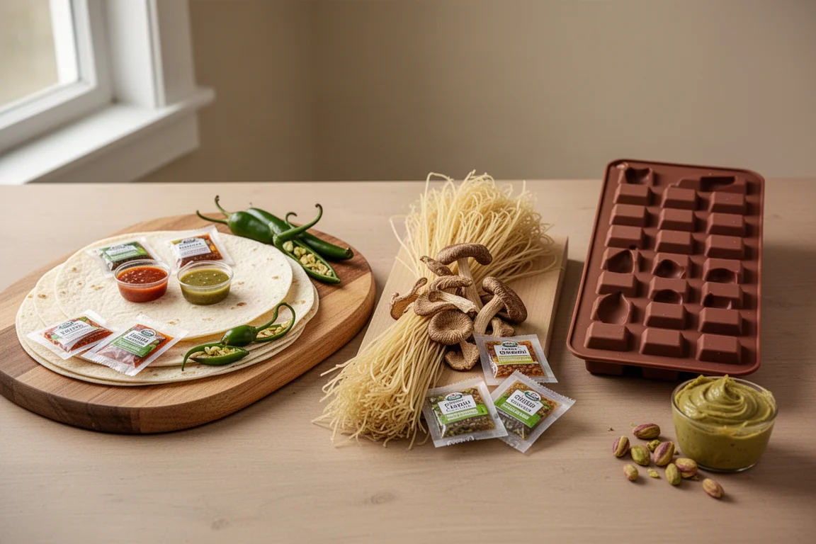 Ingredienti di tre kit gastronomici fai-da-te disposti su un tavolo da cucina