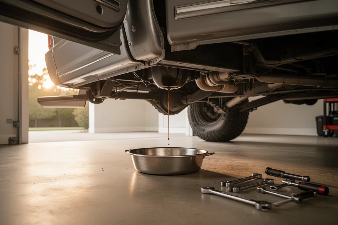 DIY mechanic performing an oil change under a lifted pickup truck in a home garage
