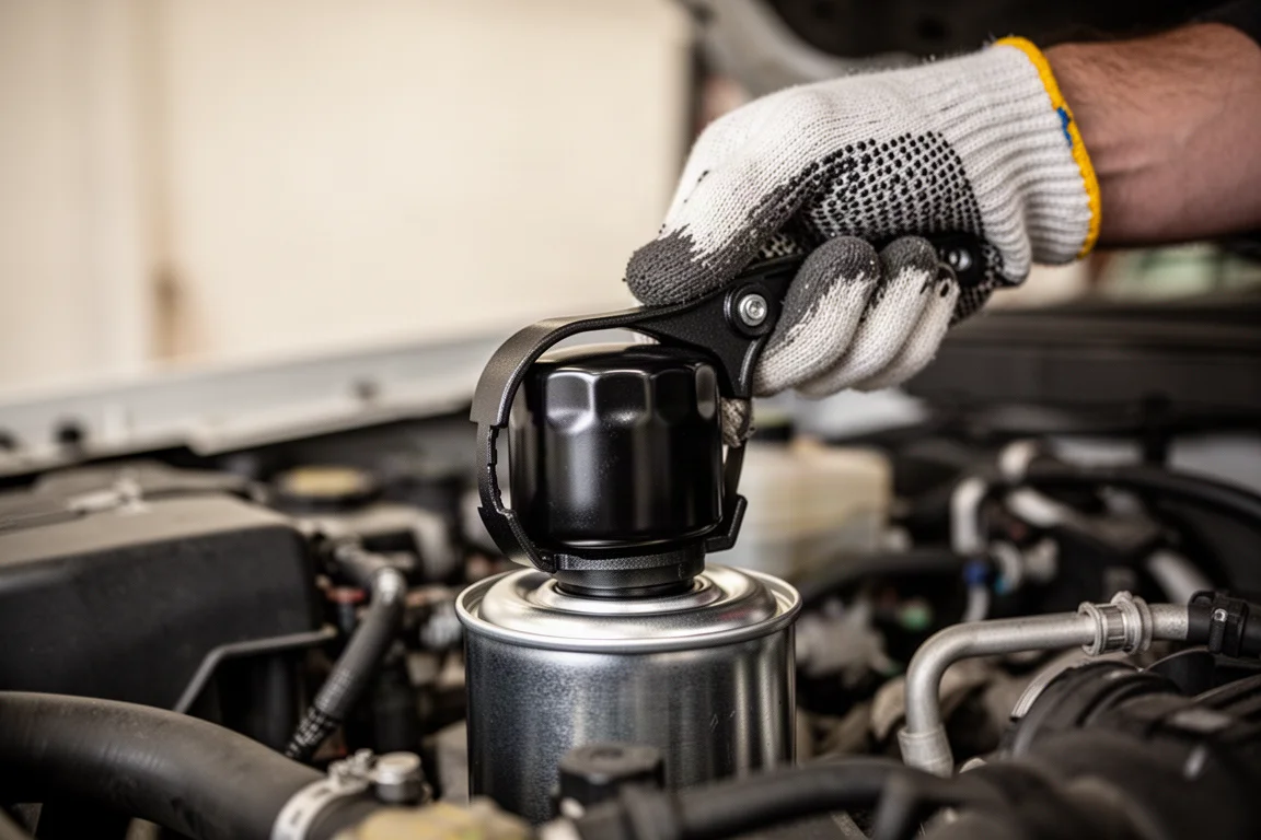 Close-up of gloved hand gripping a black oil filter cap wrench