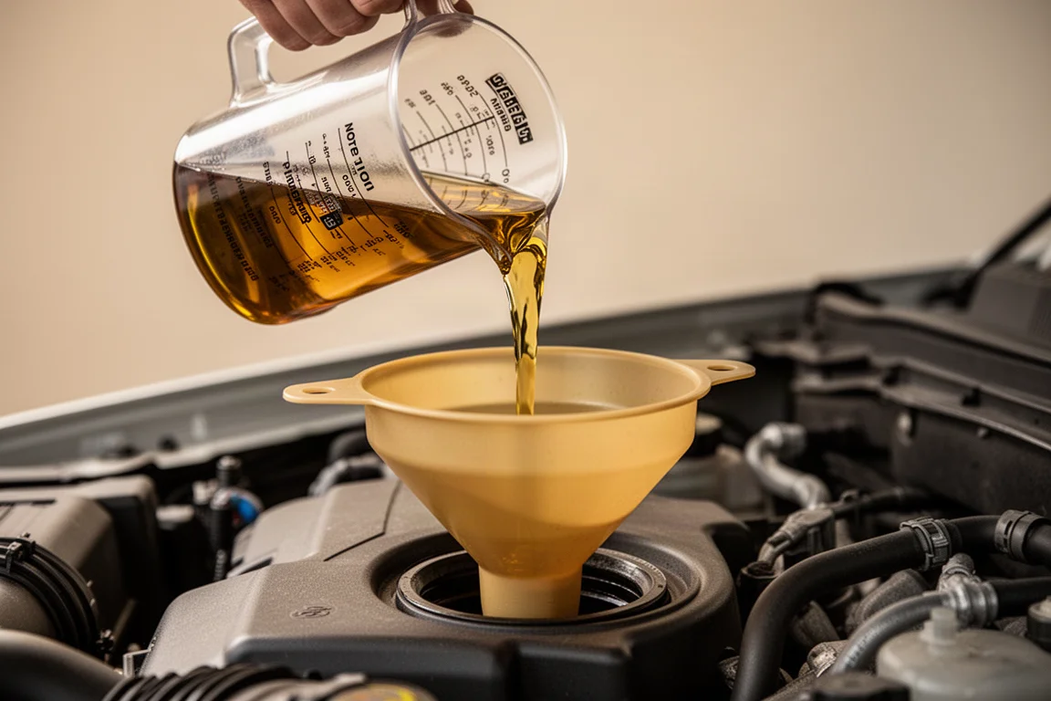 Garage measuring cup filled with fresh motor oil being poured into an engine fill port