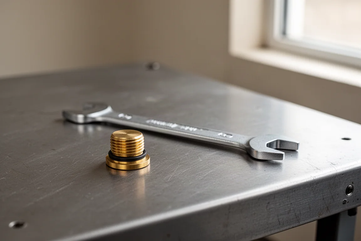 Extra oil drain plug and gasket resting on a workbench beside a wrench