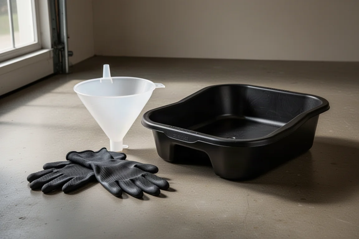 Disposable gloves, quick-fill funnel, and 20-quart oil drain pan on a garage floor