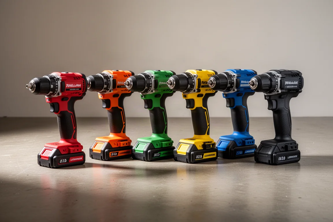 Seven cordless drills from different brands in varied colors lined up on a concrete floor