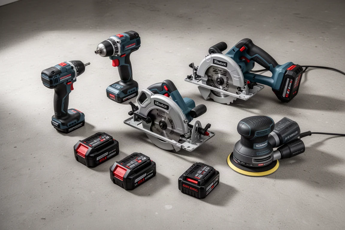 Assorted cordless power tools and batteries laid out on a concrete workshop floor