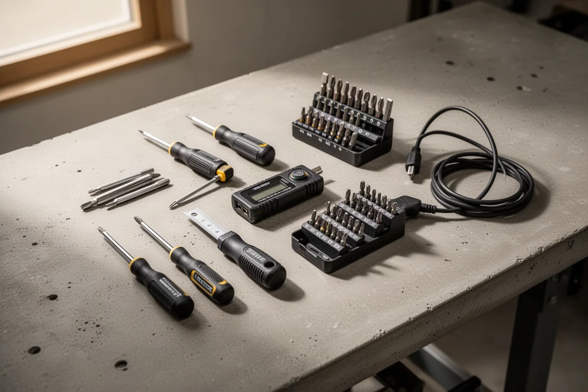 コンパクトなDIY工具各種が並べられた、雑然とした作業台