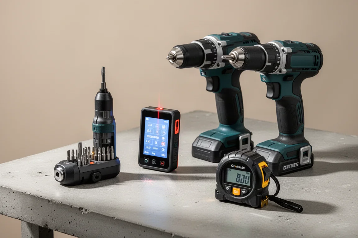 A collection of compact DIY tools including a screwdriver, laser measure, drill driver, and digital tape measure on concrete