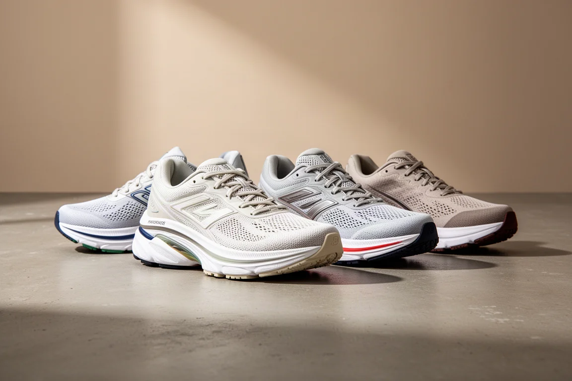 Six cushioned running shoes arranged in a row on a concrete surface