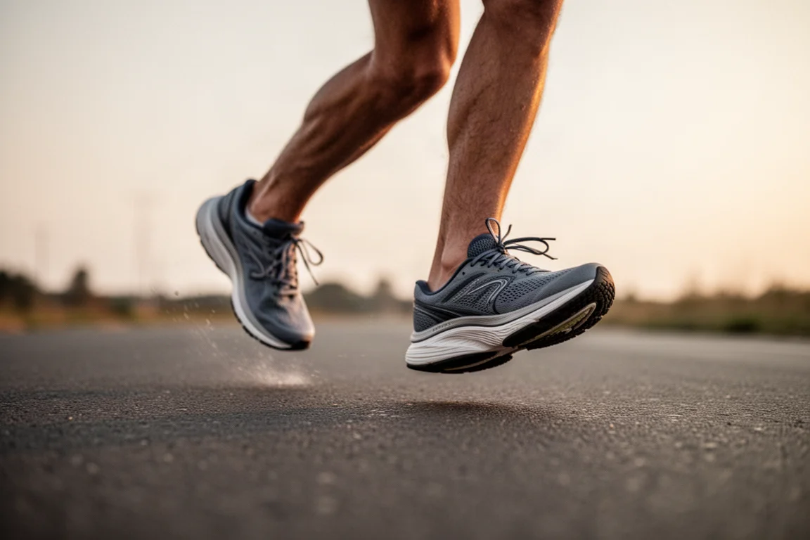 Pieds d'un coureur en pleine foulée sur un asphalte lisse sous une lumière du soir douce