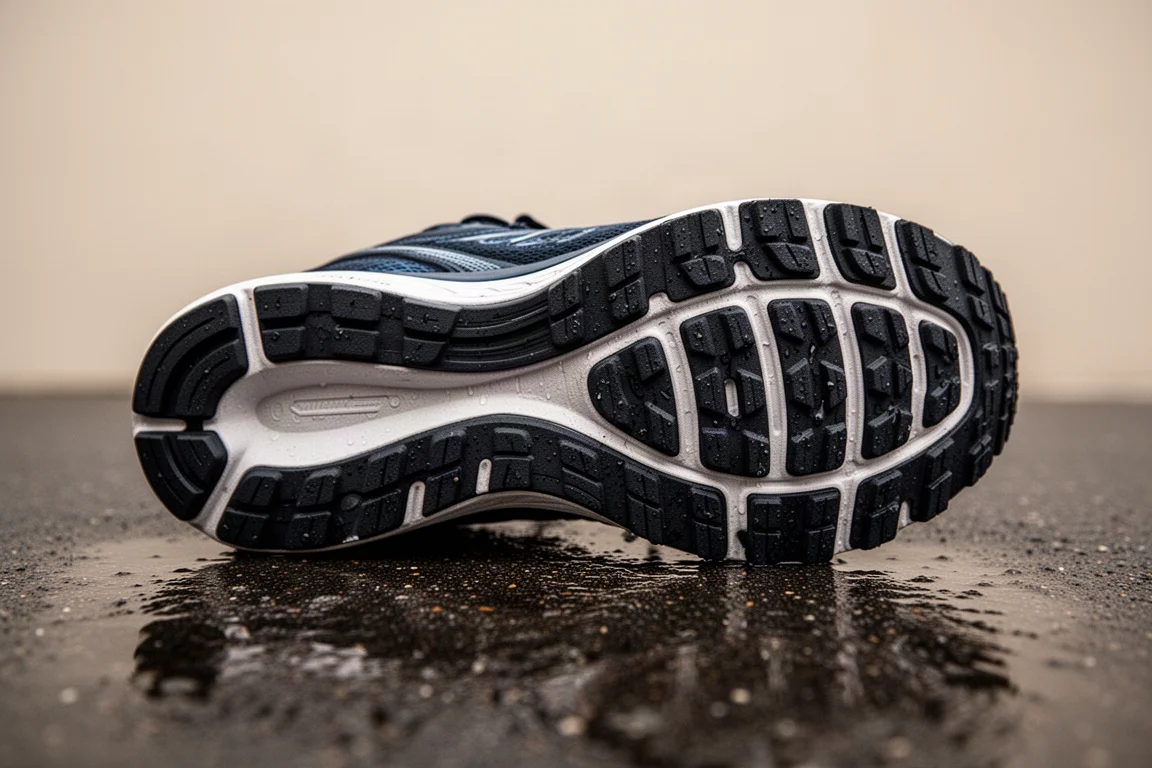 Semelle extérieure d'une chaussure de running avec crampons profonds accrochant un revêtement humide