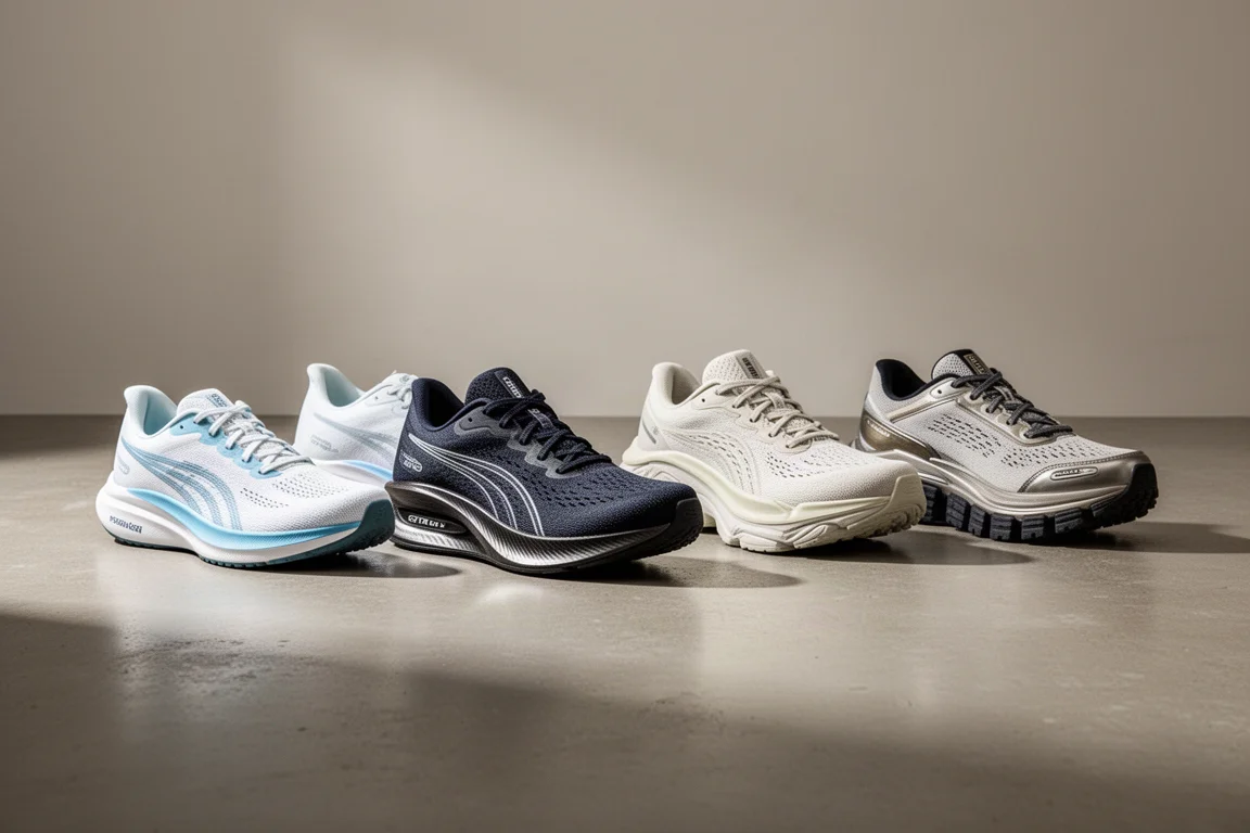 Four modern running shoes arranged in a row on a concrete surface