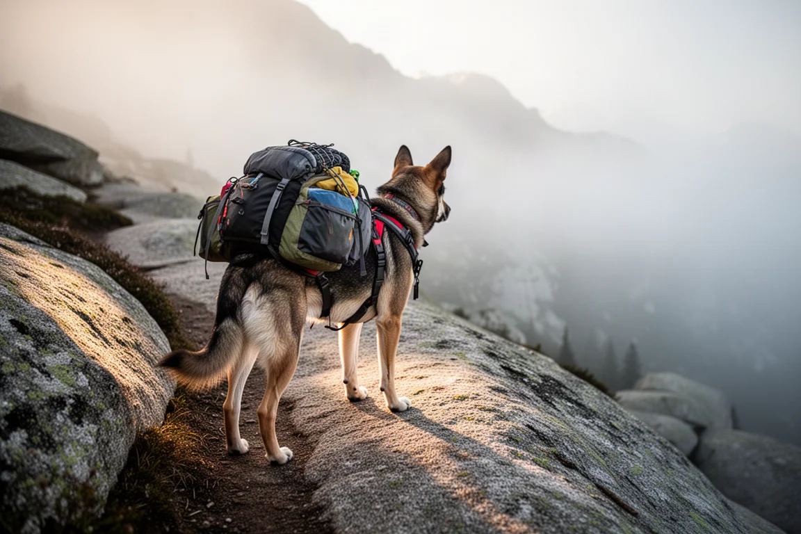 荷物を積んだトレッキングパックを着けた犬が花崗岩の山道に立っている様子