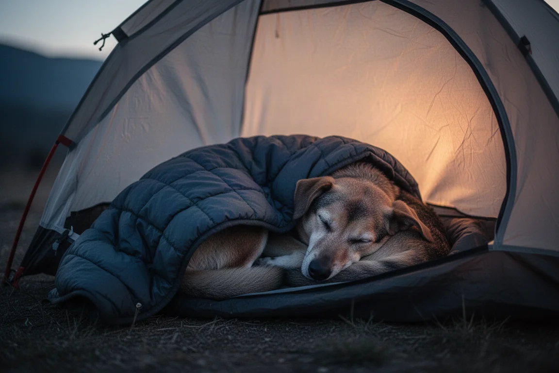 夕暮れのテントの中でキルトを背にかけて眠る犬