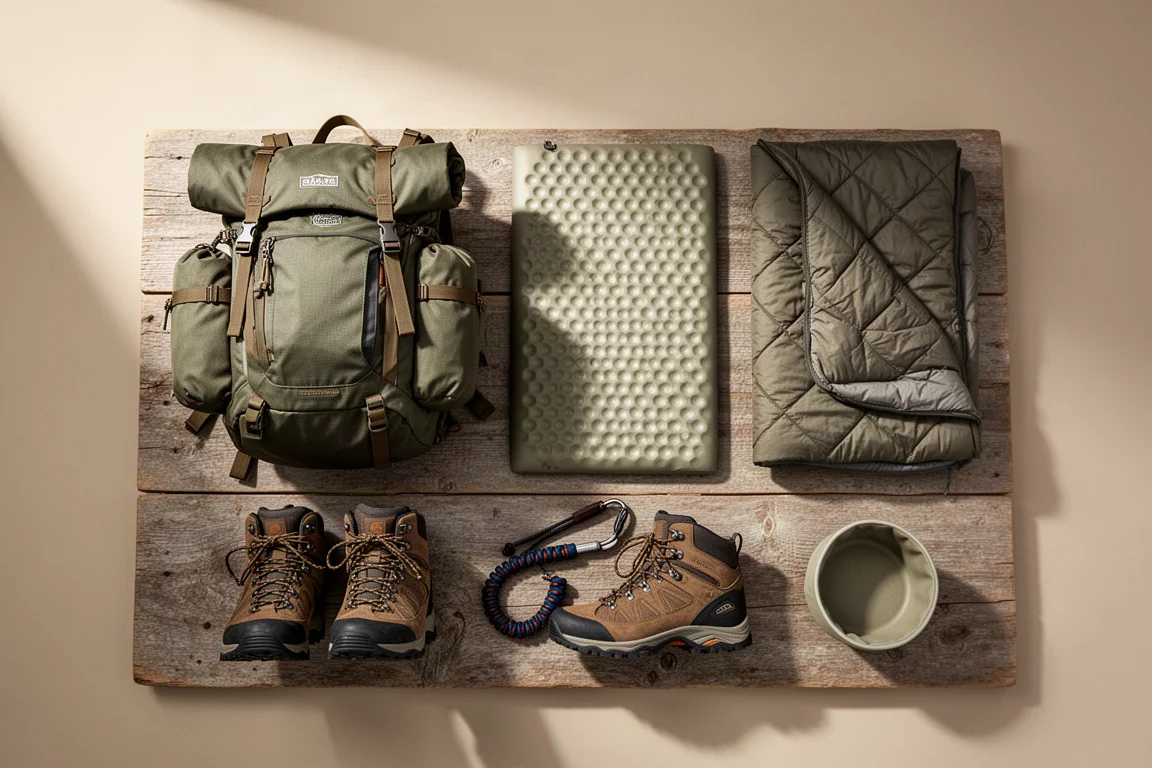 Equipamentos de mochilão para cães dispostos lado a lado com mochila de trekking, isolante de espuma, quilt, botas, coleira e comedouro