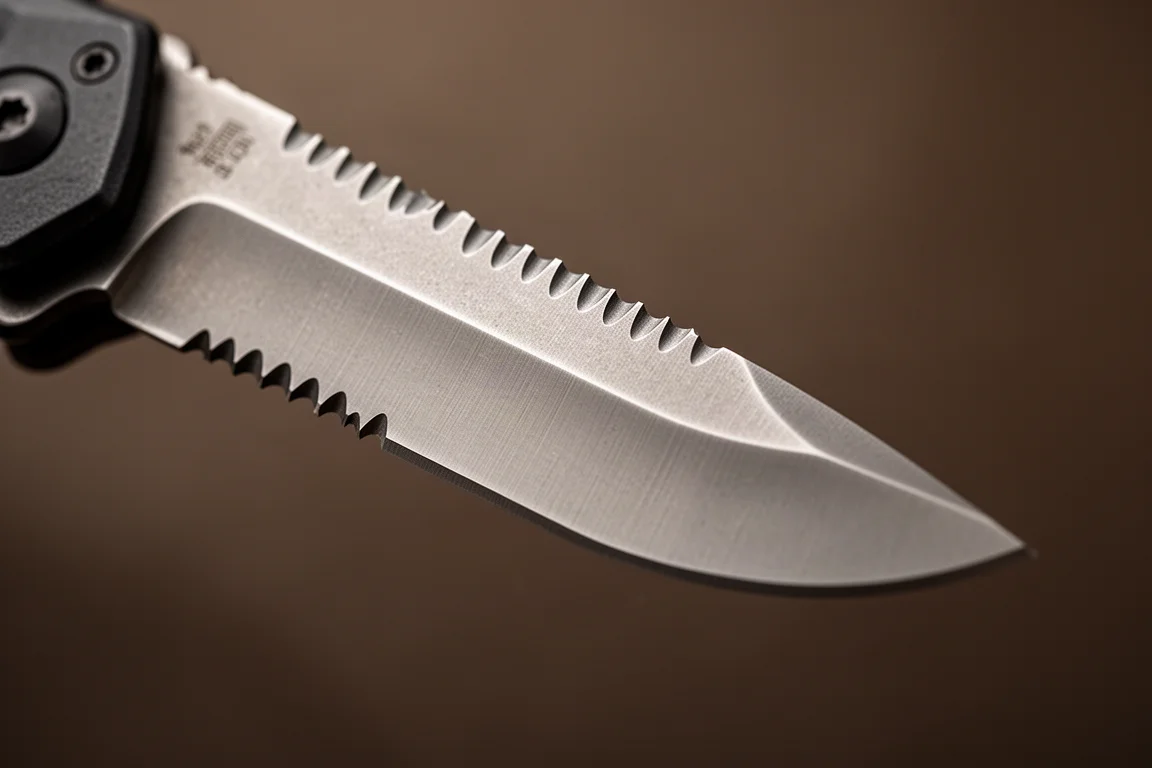 Primo piano della lama di un coltello con una lunga sezione a filo seghettato