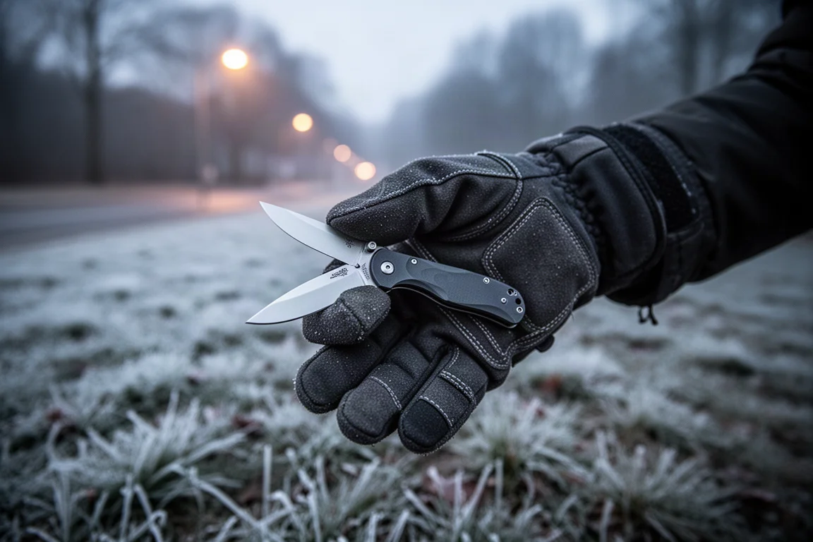 Un coltello pieghevole compatto impugnato con una mano guantata al tramonto