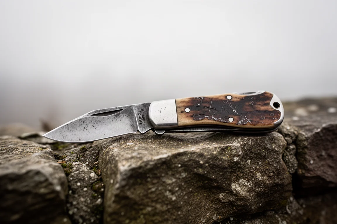 Un coltello pieghevole molto usato con il manico graffiato appoggiato a un muretto di pietra