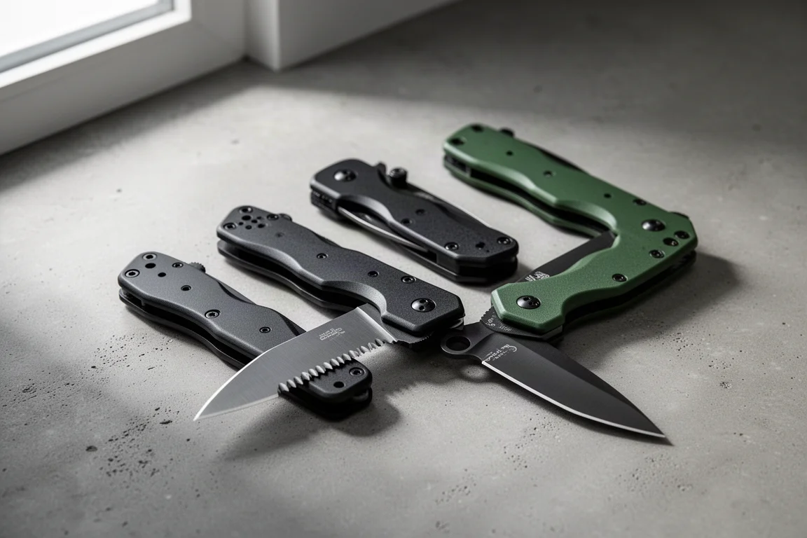 Cinque coltelli pieghevoli Benchmade disposti su una superficie di cemento