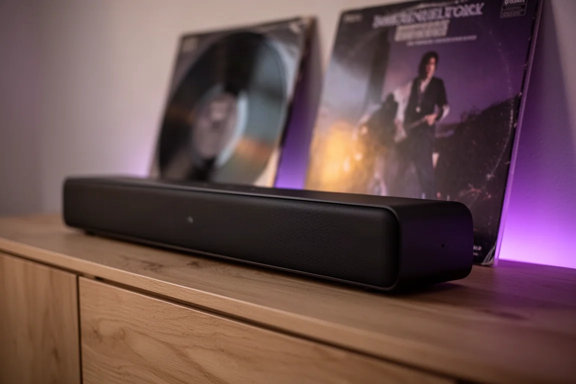Soundbar preta fosca sobre aparador de carvalho com iluminação ambiente roxa e âmbar