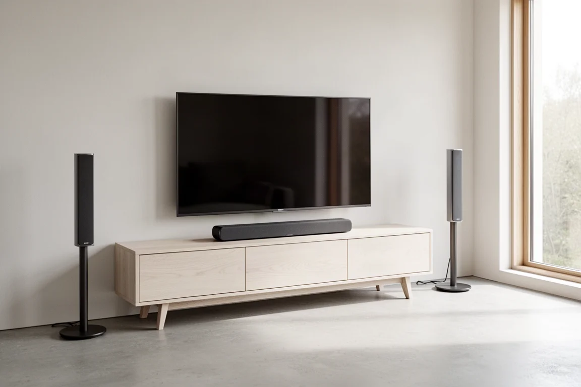 Sala de estar minimalista com soundbar, caixas satélite e televisão desligada