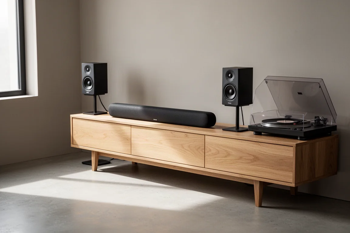 Minimalist listening room with soundbar, satellite speakers, and turntable on an oak console